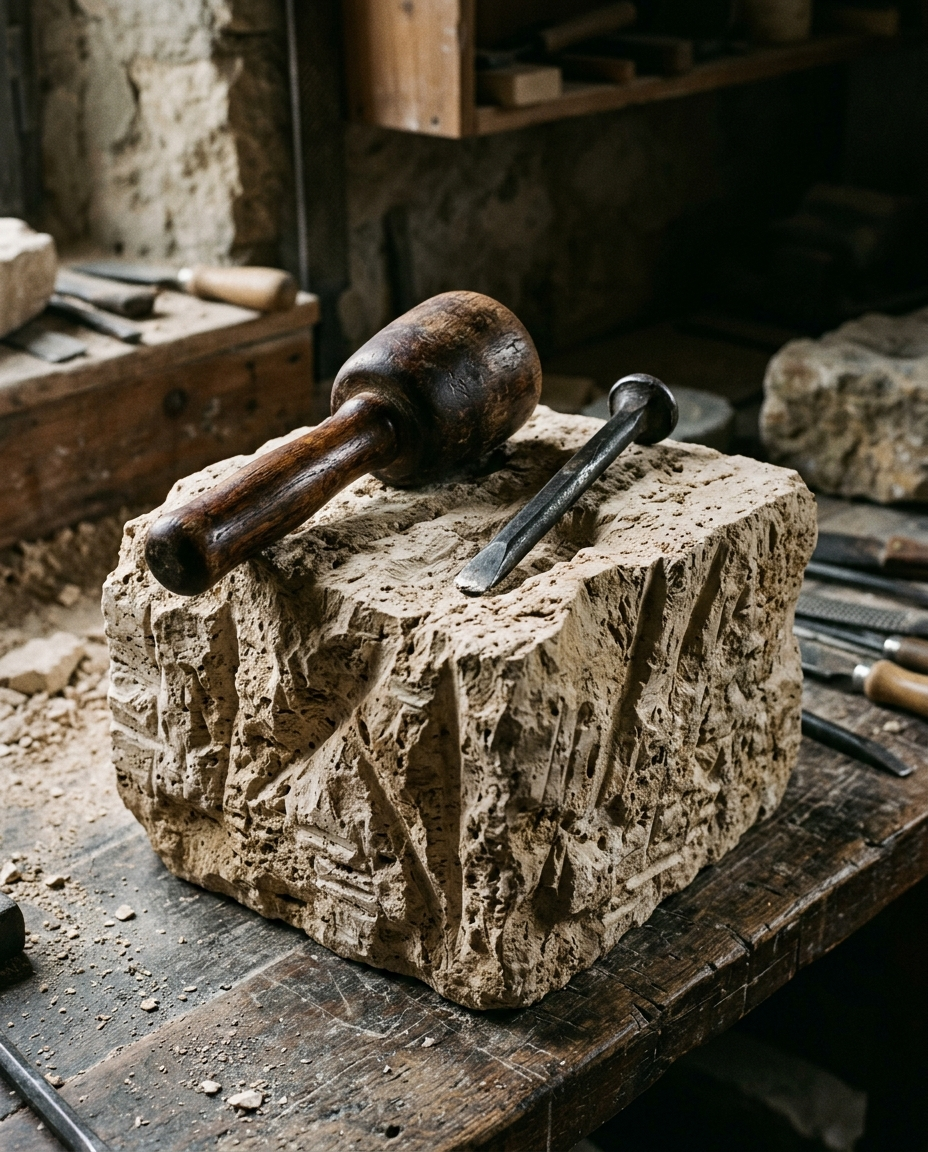 Stone carving tools and carved limestone — visual reference